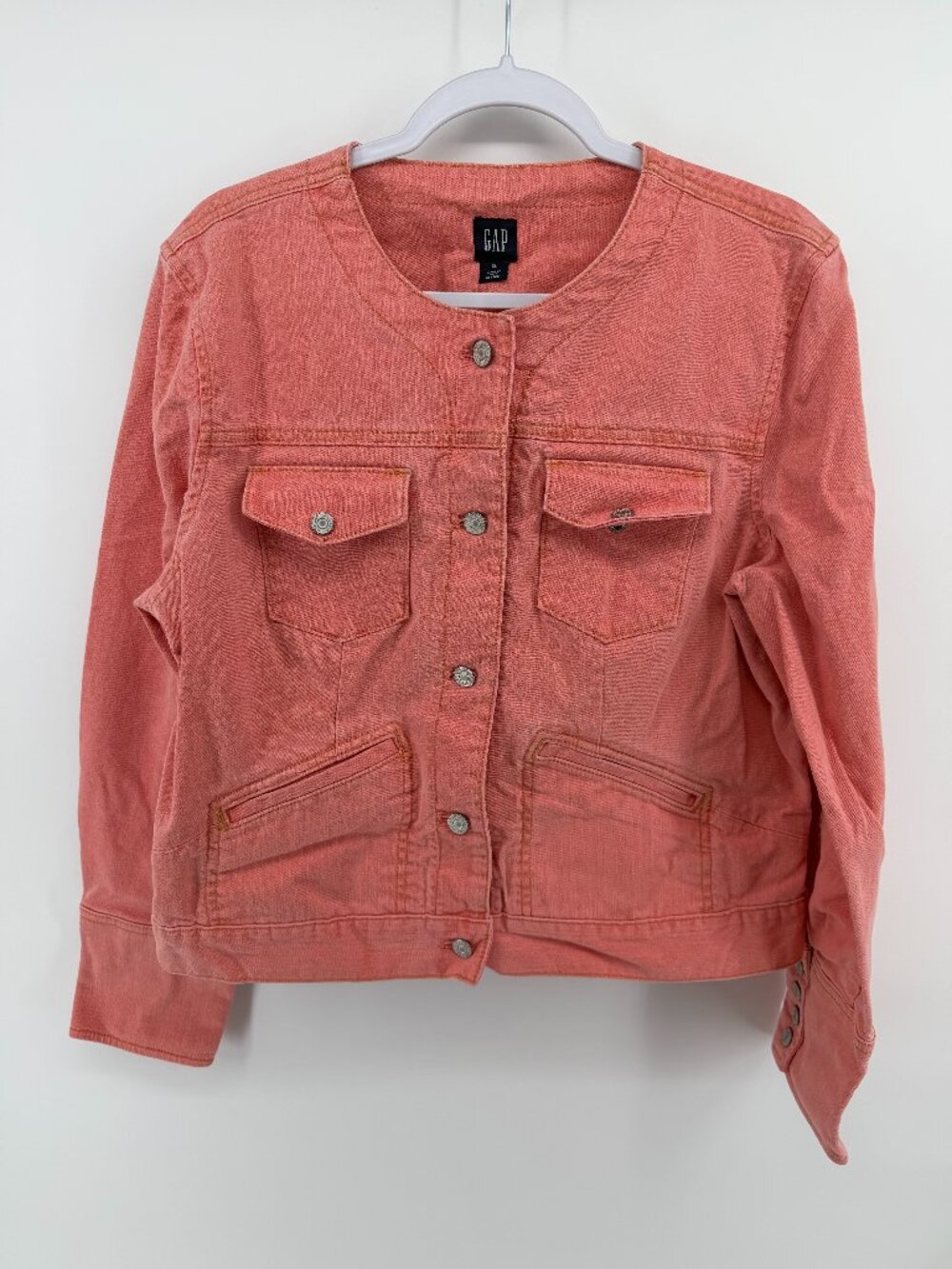 GAP Collarless Denim Jacket Coral Pink Salmon Size XL Excellent Condition